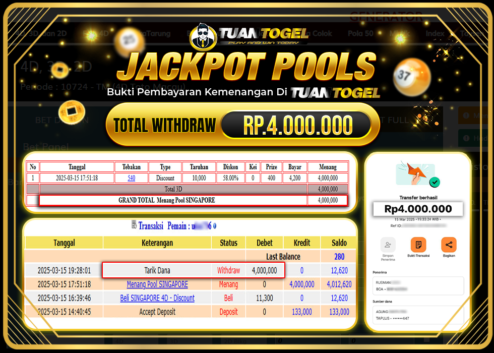 TUANTOGEL JACKPOT TOGEL SINGAPORE Rp4.000.000, - LUNAS