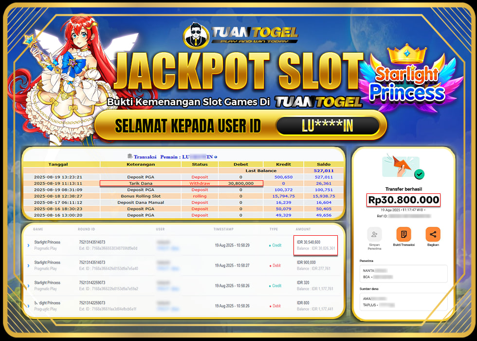 TUANTOGEL JACKPOT SLOT STARLIGHT PRINCESS Rp30.800.000, - LUNAS