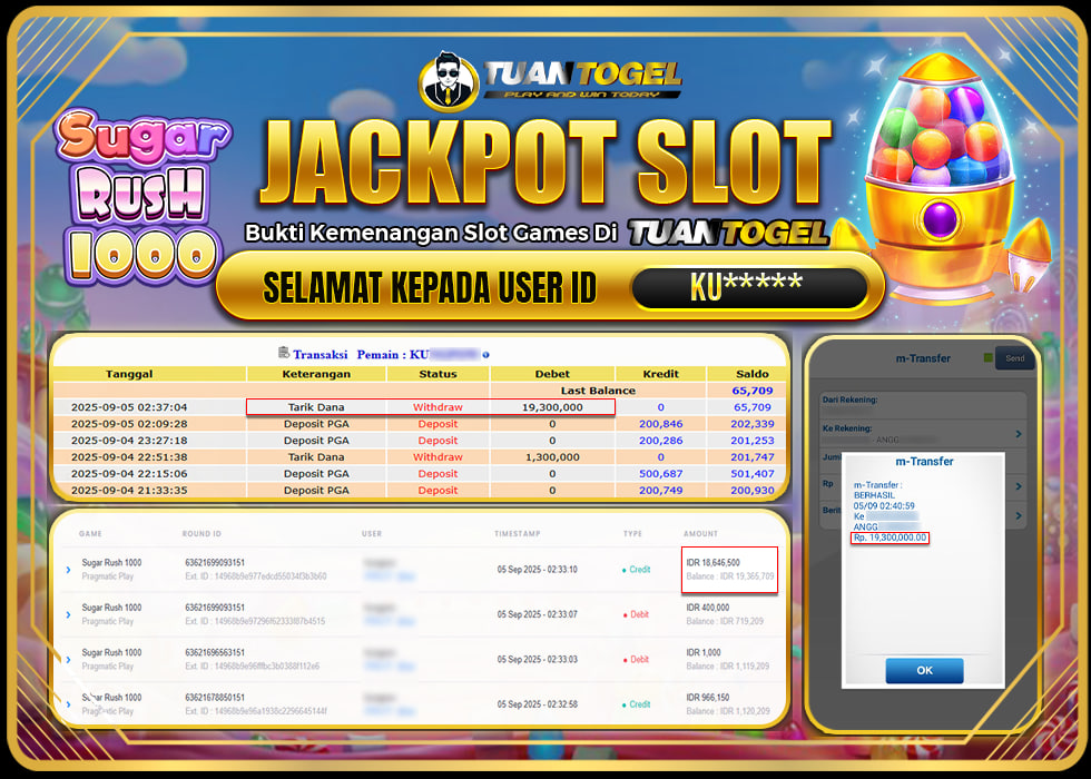 TUANTOGEL JACKPOT SLOT SUGAR RUSH 1000Rp19.300.000, - LUNAS
