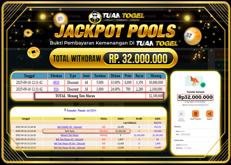TUANTOGEL JACKPOT TOGEL TOTO MACAU Rp32.000.000, - LUNAS