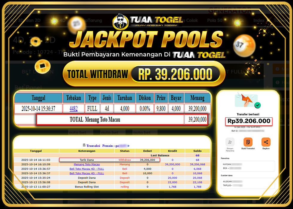TUANTOGEL JACKPOT TOGEL TOTO MACAU Rp39.206.000, - LUNAS