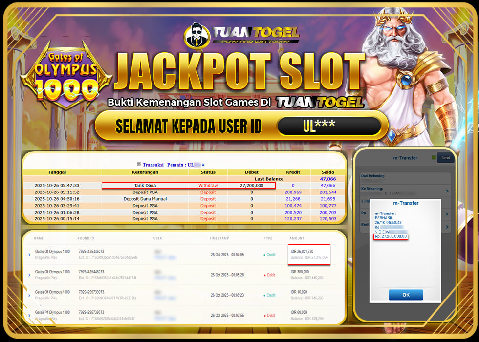 TUANTOGEL JACKPOT SLOT GATES OF OLYMPUS 1000Rp 27.200.000,- LUNAS