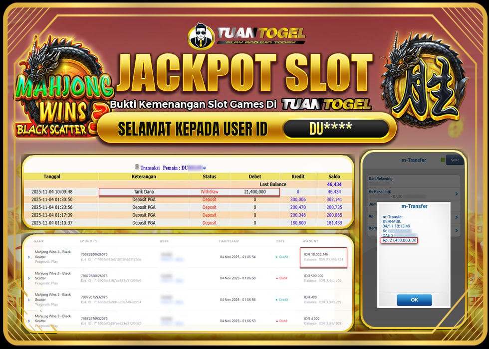 TUANTOGEL JACKPOT SLOT MAHJONG WINS 3 -BLACK SCATTERRp21.400.000,- LUNAS